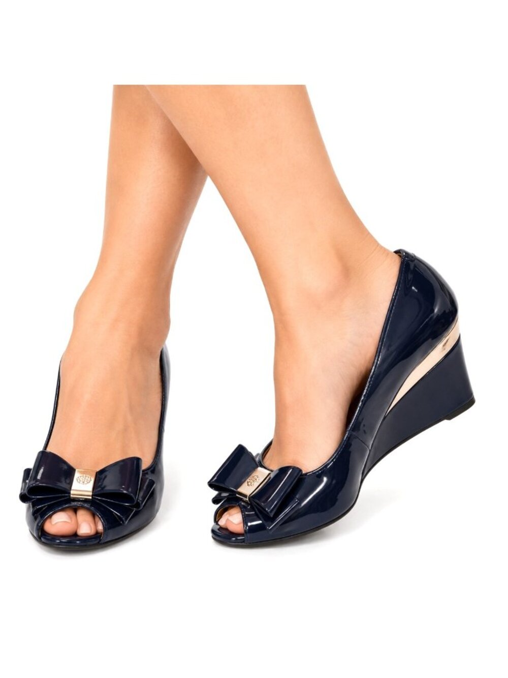 Vince Camuto Shoes Womens 10M Navy Patent Peep Toe Wedge  Bow Glam Cocktail Gala